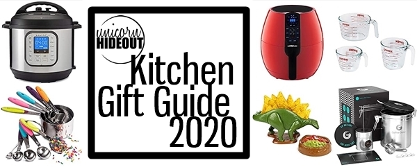 Kitchen items on a white background that says "Unicorn Hideout Kitchen Gift Guide 2020"