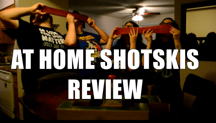 Four people doing two tandem shotskis with at home shotski review overlay