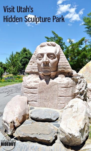 Sphinx sculpture with text Visit Utah's Hidden Sculpture Park and Unicorn Hideout logo