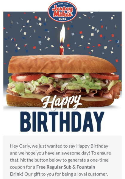 Jersey Mike's sub ad, sub with a candle with text Happy Birthday