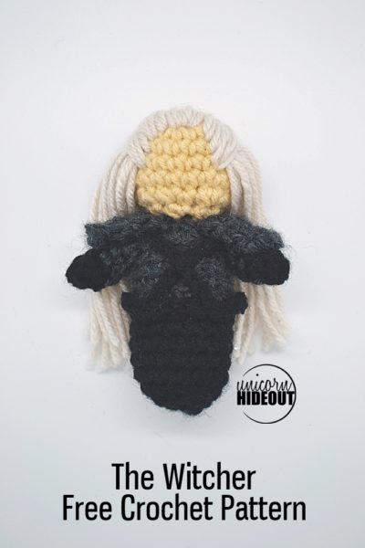 The Witcher crochet doll with text Unicorn Hideout The Witcher Free Crochet Pattern