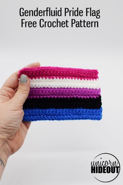 Hand holding Crochet genderfluid pride flag, words on image say Genderfluid Pride Flag Free Crochet Pattern Unicorn Hideout"