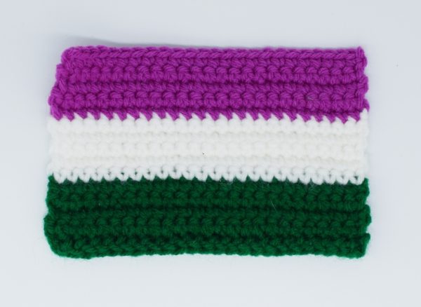 Crochet genderqueer pride flag on a white background