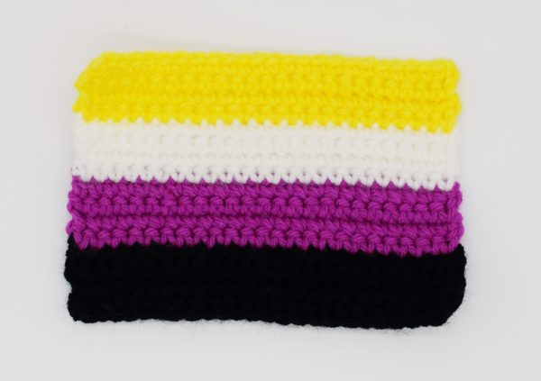 Crochet Non-binary Pride flag on a white background