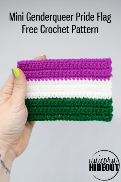 Hand holding Mini Crochet Genderqueer Pride Flag on white background, words on image "Mini Genderqueer Pride Flag Free Crochet Pattern Unicorn Hideout"