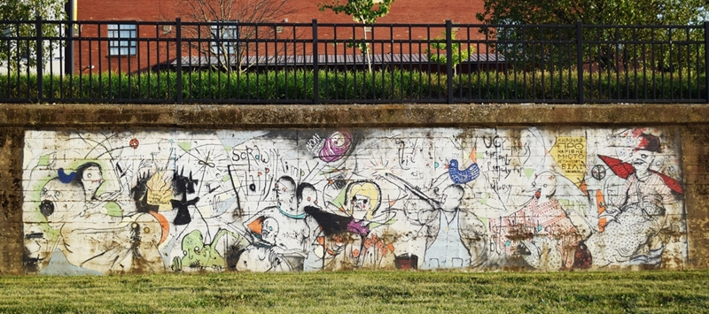 Mural on a low brick wall