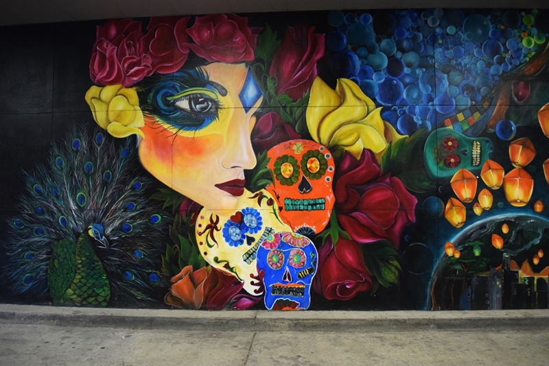 mural of a face and day of the dead style skulls